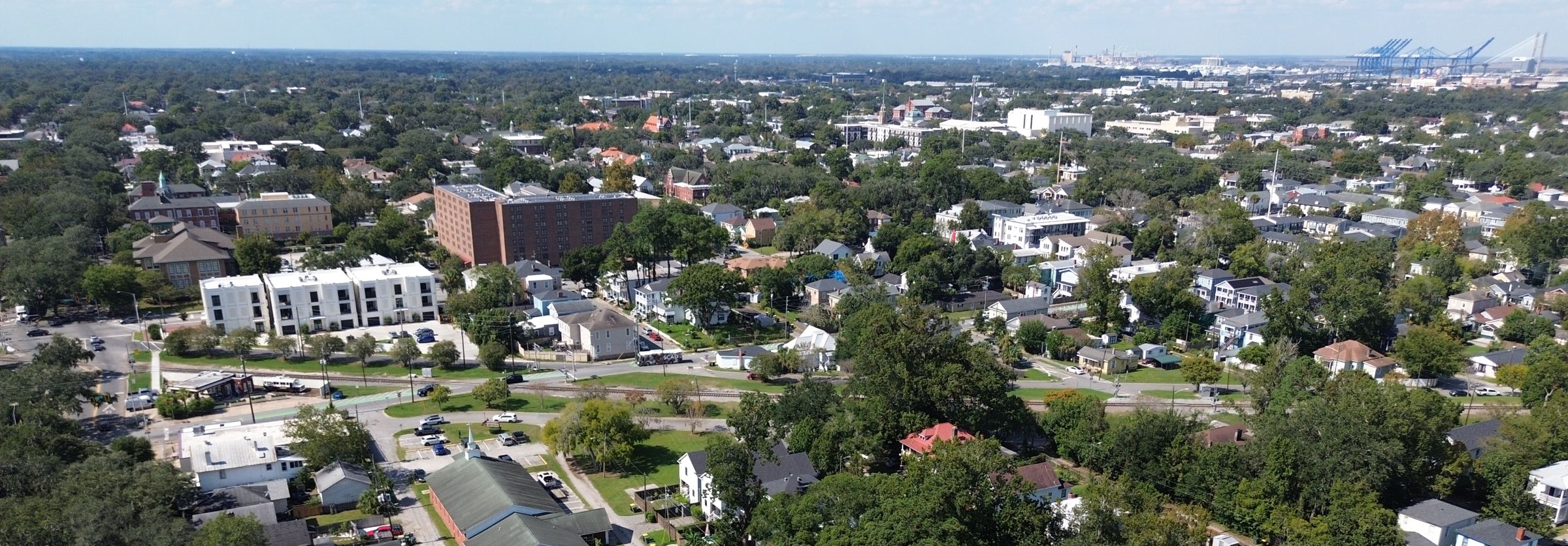 Aerial view of the neighborhood surrounding Property A, looking toward the Port of Savannah